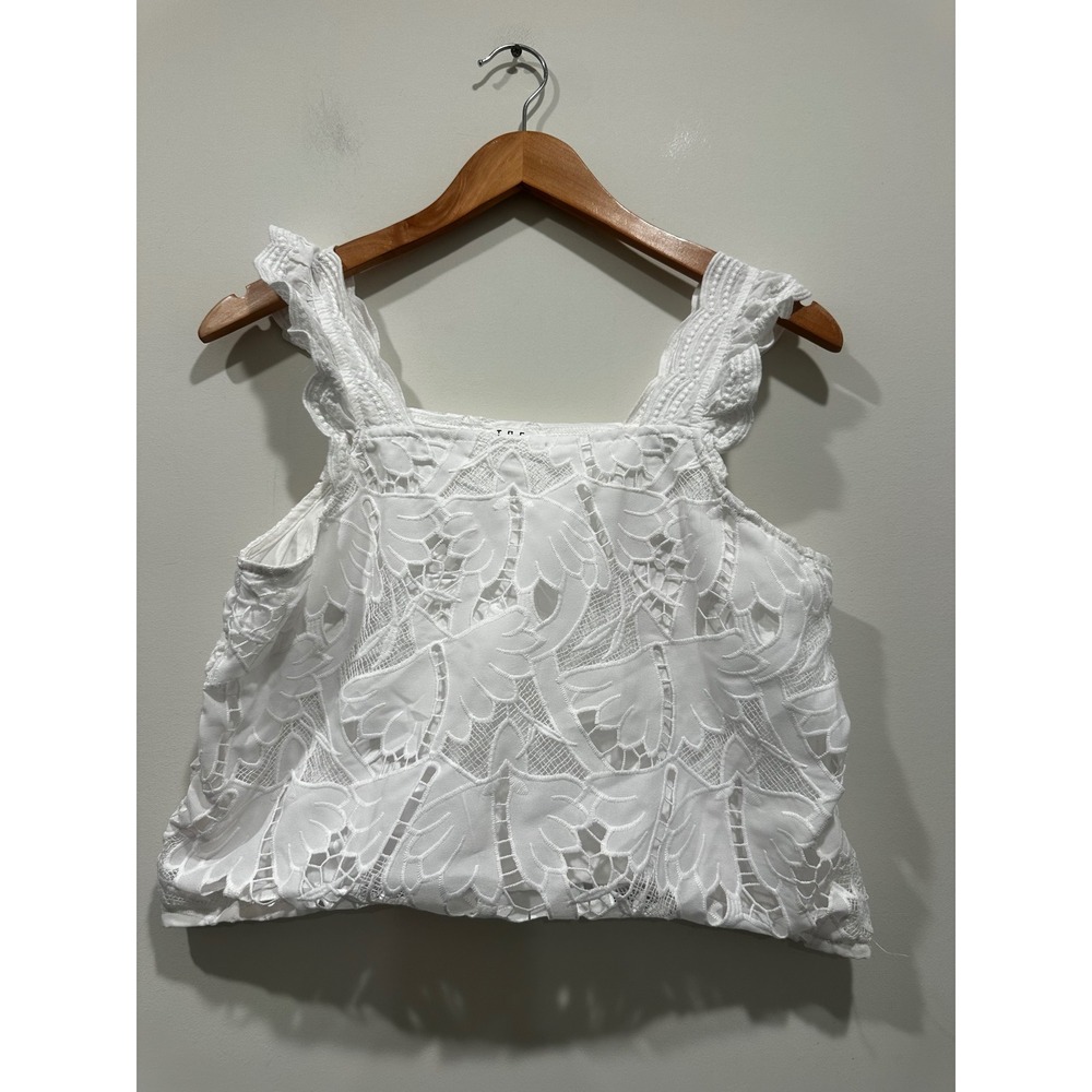 TCEC Womens White Eyelet Lace Ruffle Strap Crop Top Square Neck Floral Med